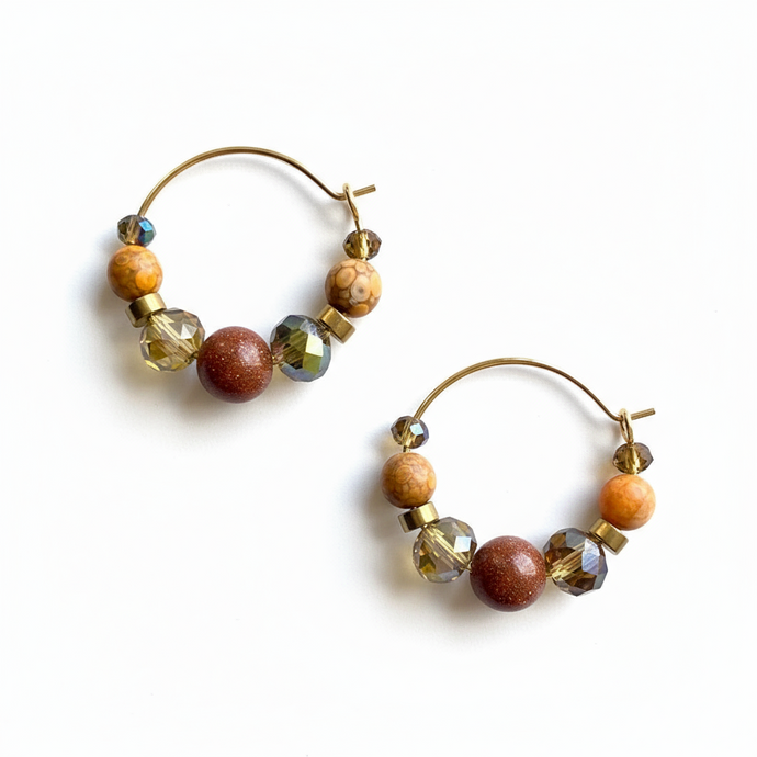 CSTE02 - Sandstone & Maifanite stone hoop earrings - Natural Tones