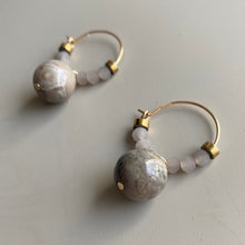 CSTE07 - Natural Fossil Coral & frosted glass Crystal Hoops - Grey, Tan