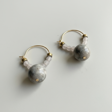 CSTE07 - Natural Fossil Coral & frosted glass Crystal Hoops - Grey, Tan