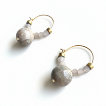 CSTE07 - Natural Fossil Coral & frosted glass Crystal Hoops - Grey, Tan