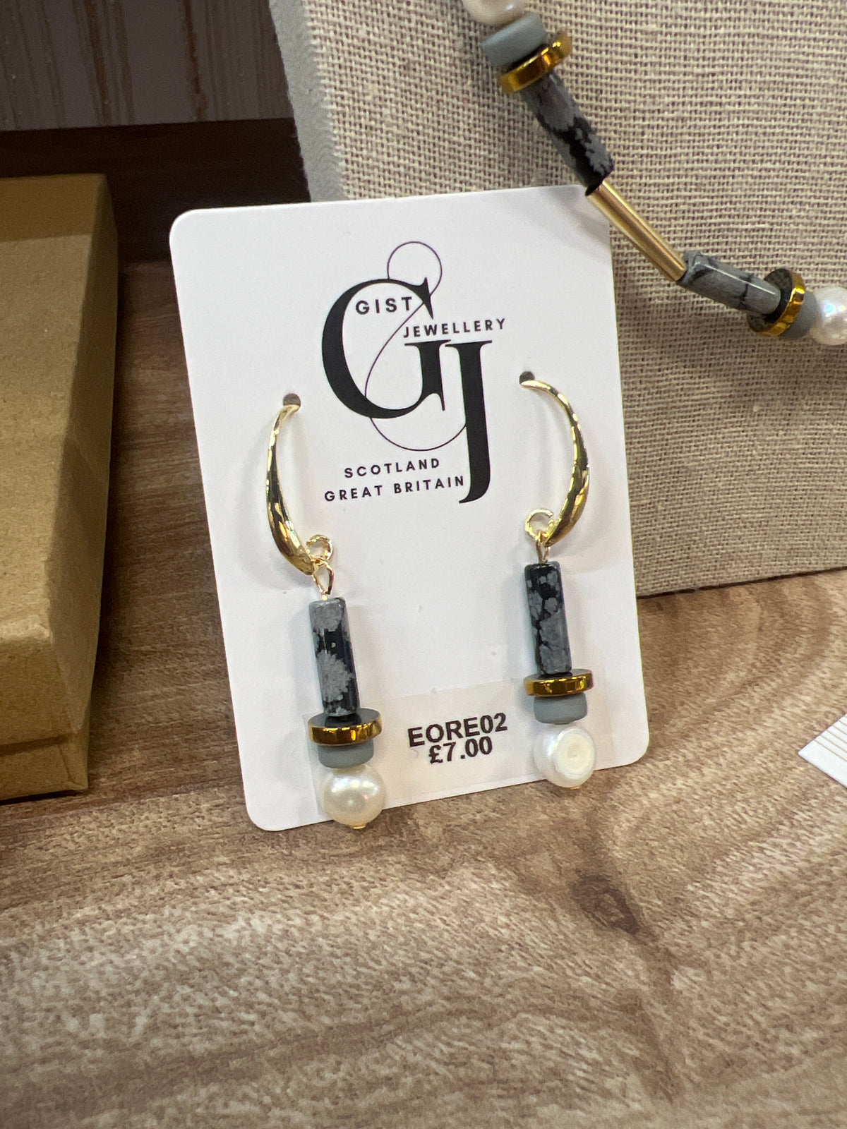 EORE02 - Black Stone, Fresh water Pearls, Clay and Gold Plated Hematite Earrings
