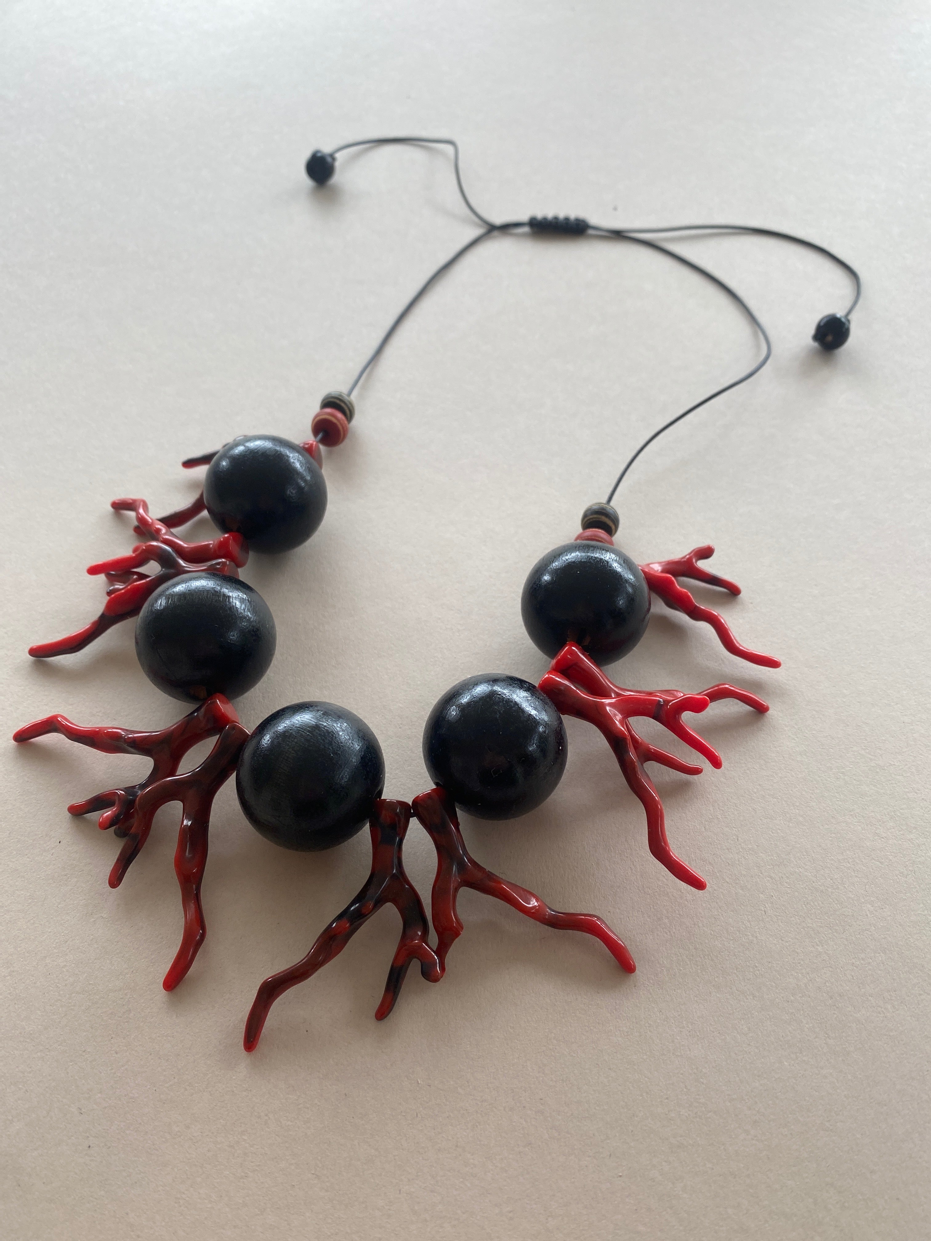 BDL11 - Adjustable red Coral Resin and chunky black wood necklace