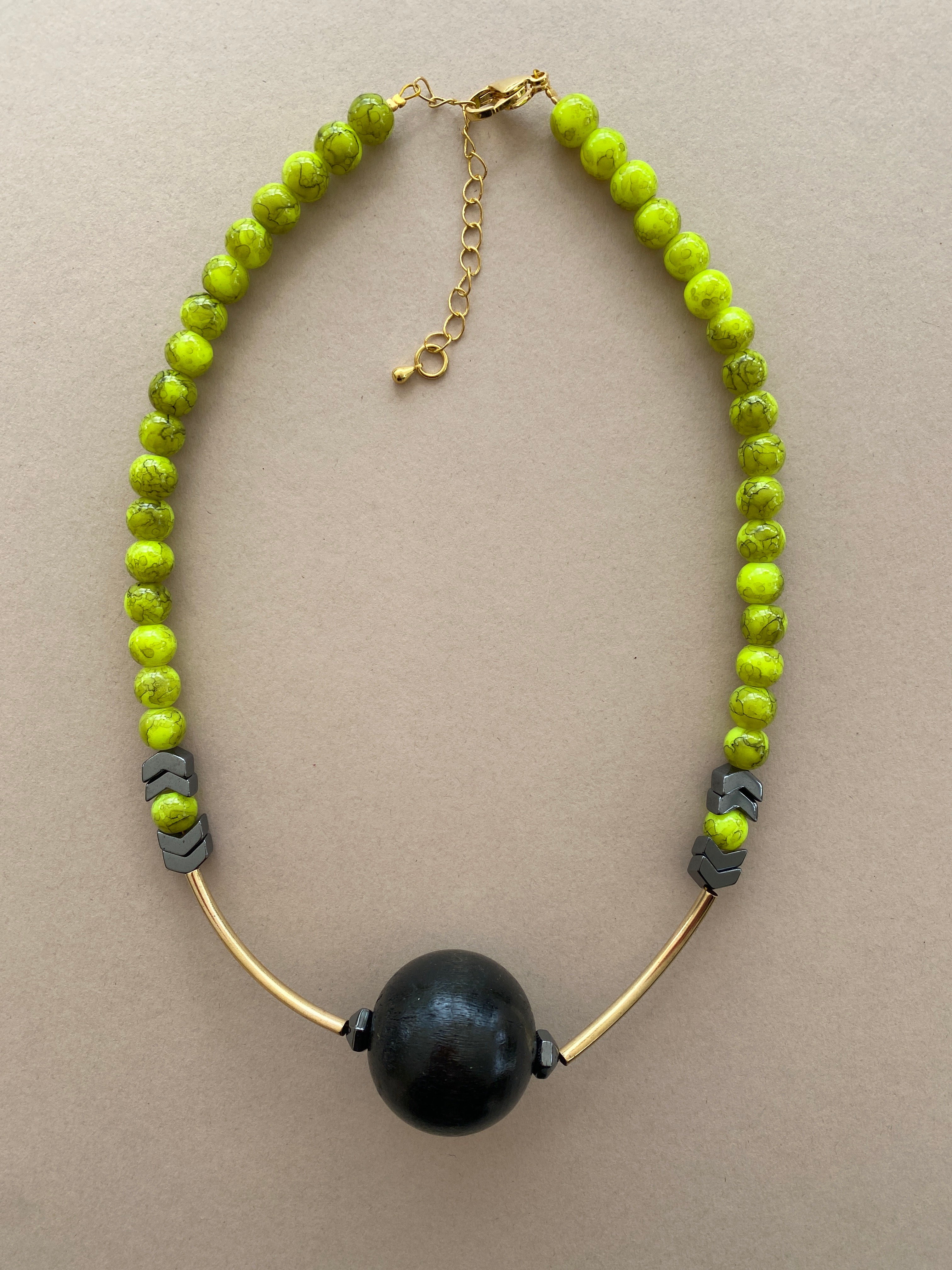 BDL17 - lime green, statement black focal wooden beaded necklace