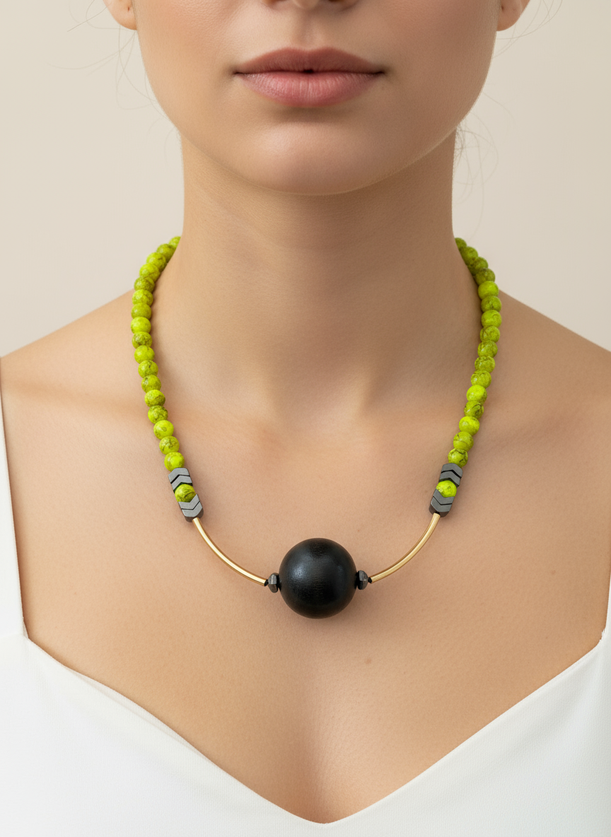 BDL17 - lime green, statement black focal wooden beaded necklace