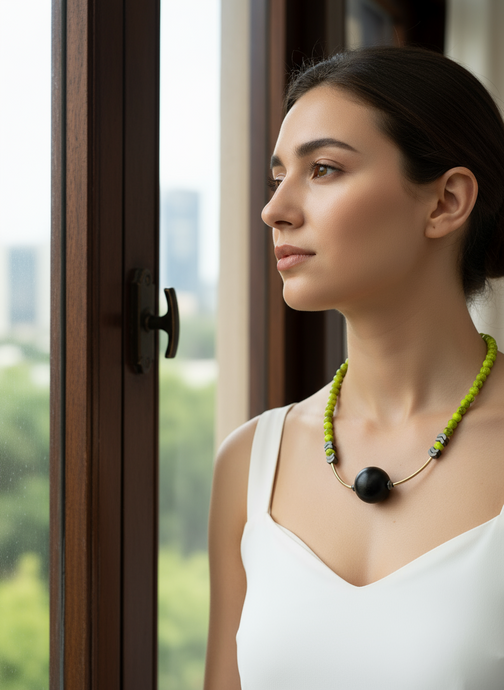 BDL17 - lime green, statement black focal wooden beaded necklace
