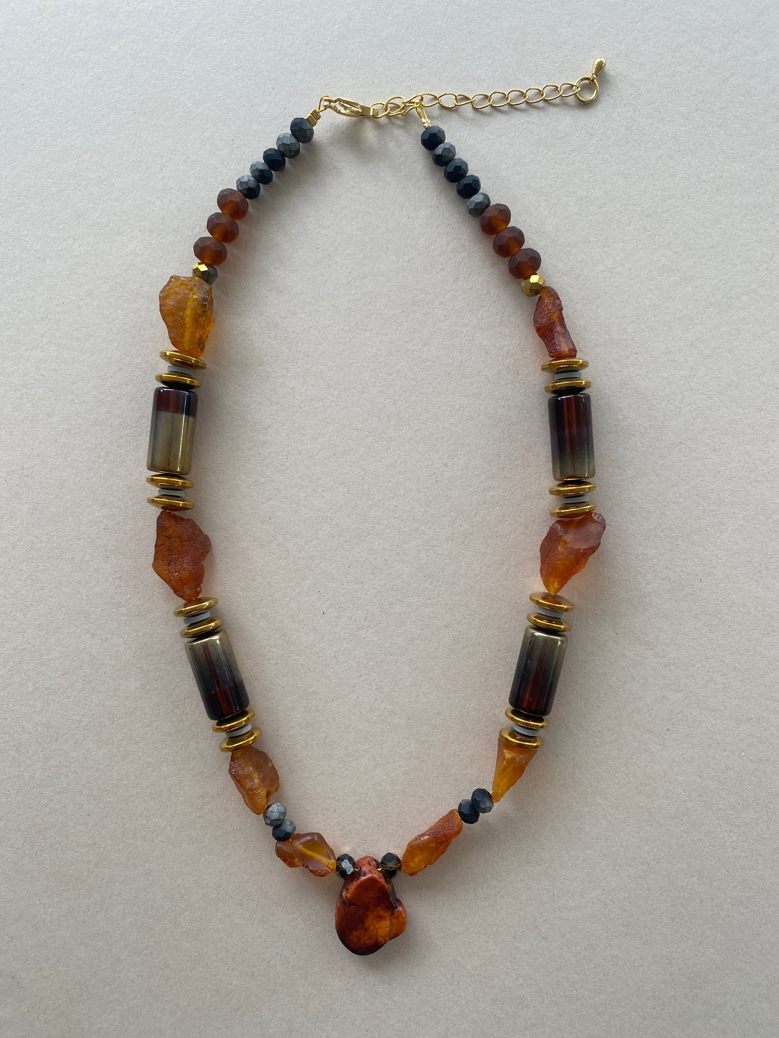 BDL10 - Raw Amber, hematite and crystal necklace