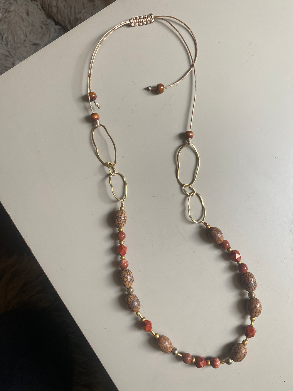 BDL01 - Red Jasper & Burlywood Mala beads adjustable cord necklace