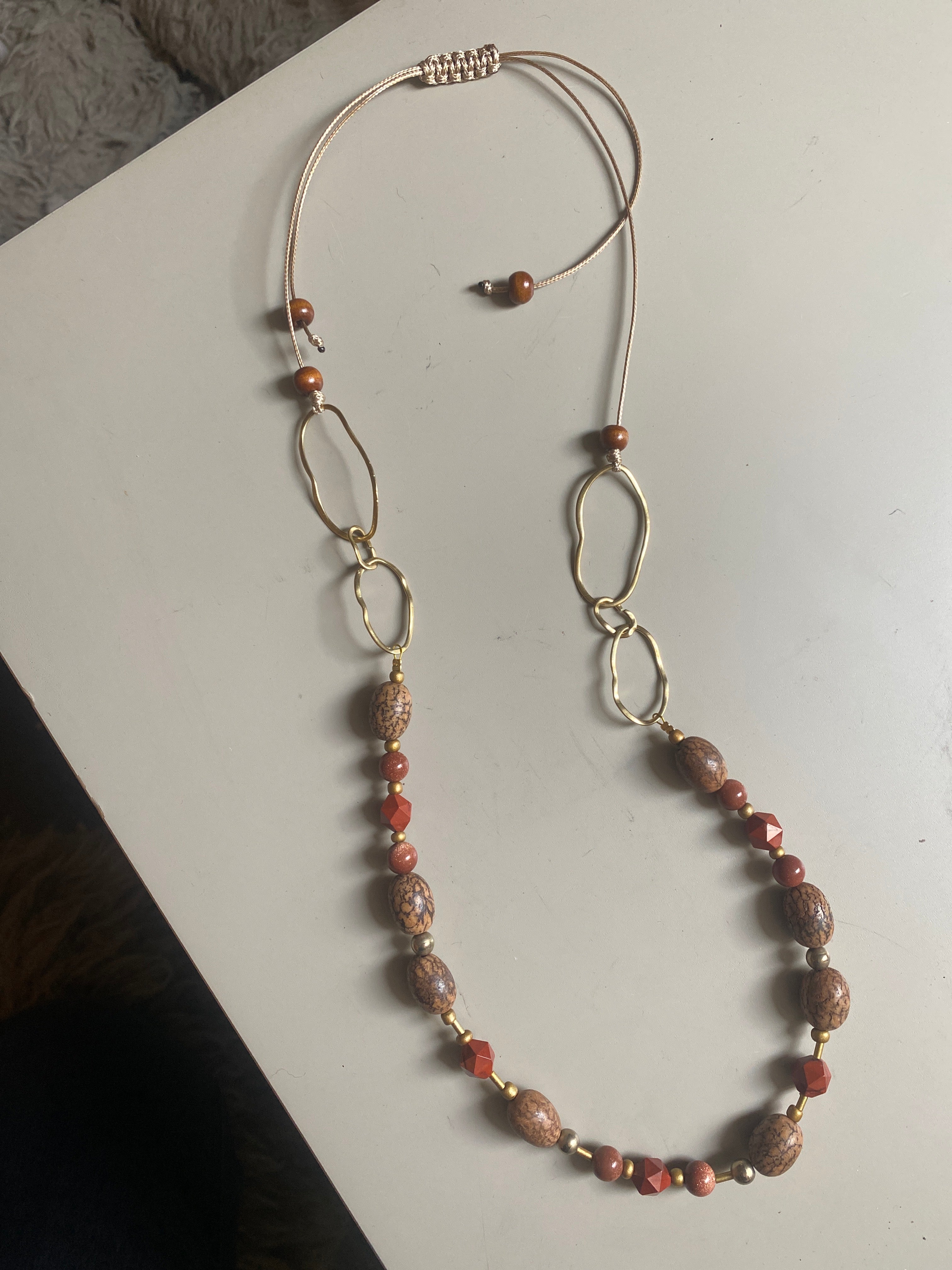 BDL01 - Red Jasper & Burlywood Mala beads adjustable cord necklace