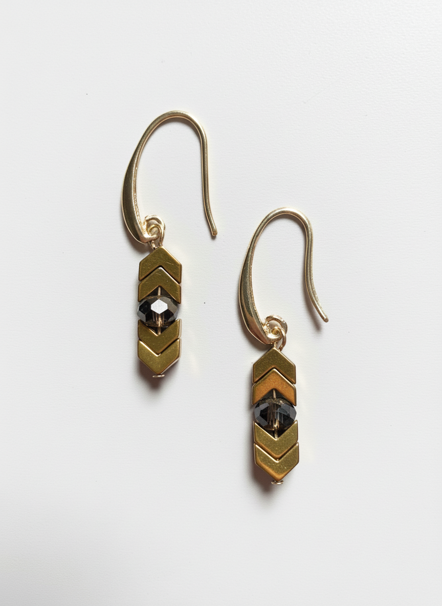 FRTE14 - Hematite and crystal drop earrings on a Gold plated hooks