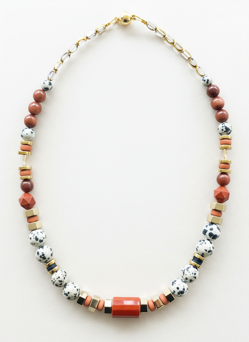BDL02 - Dalmatian Jasper & Sandstone barrel necklace