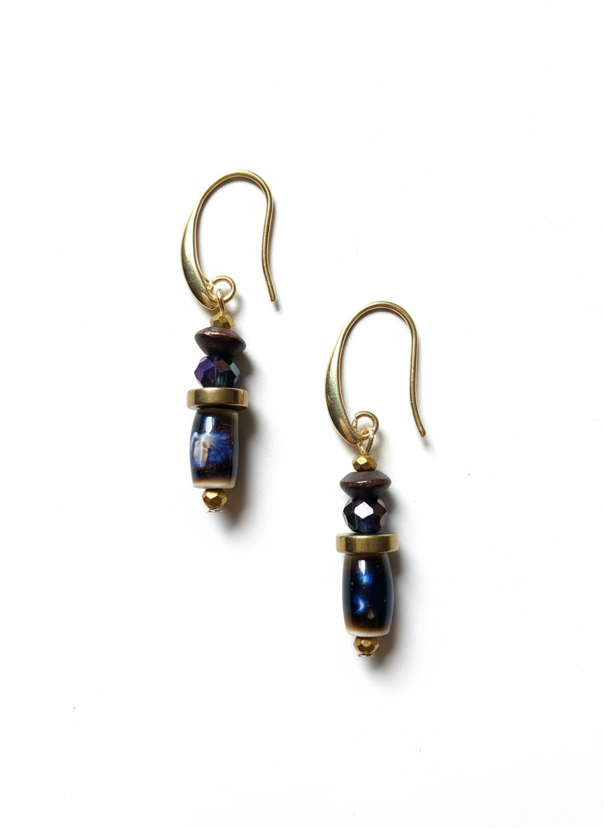 FRTE07 - Porcelain drops, crystal and hematite feature on Gold plated hook earrings,