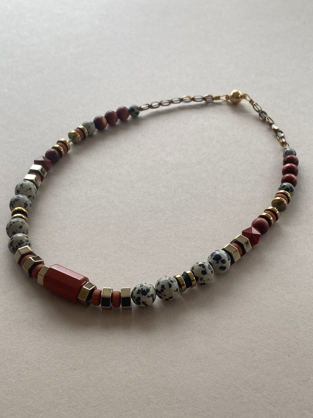 BDL02 - Dalmatian Jasper & Sandstone barrel necklace