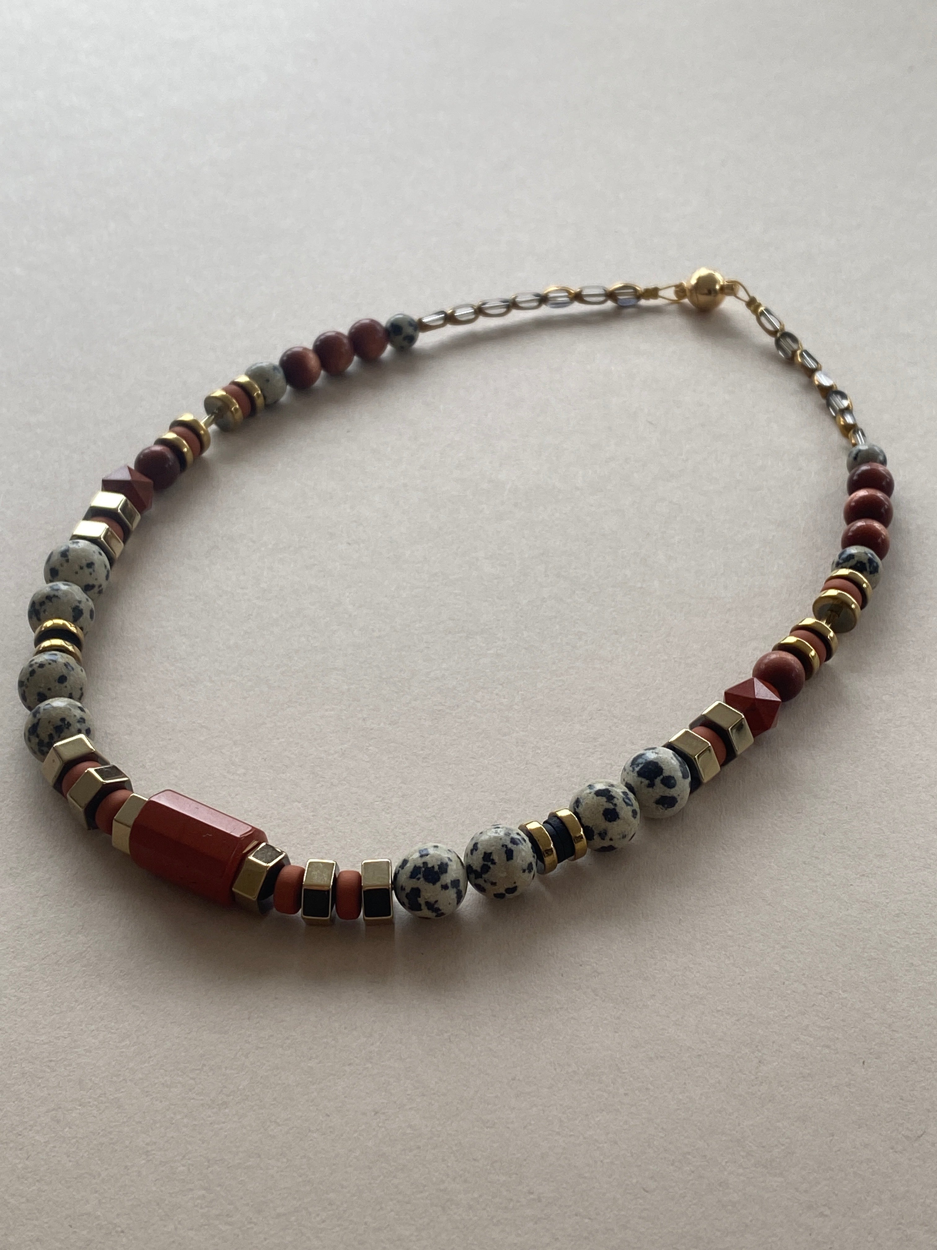 BDL02 - Dalmatian Jasper & Sandstone barrel necklace