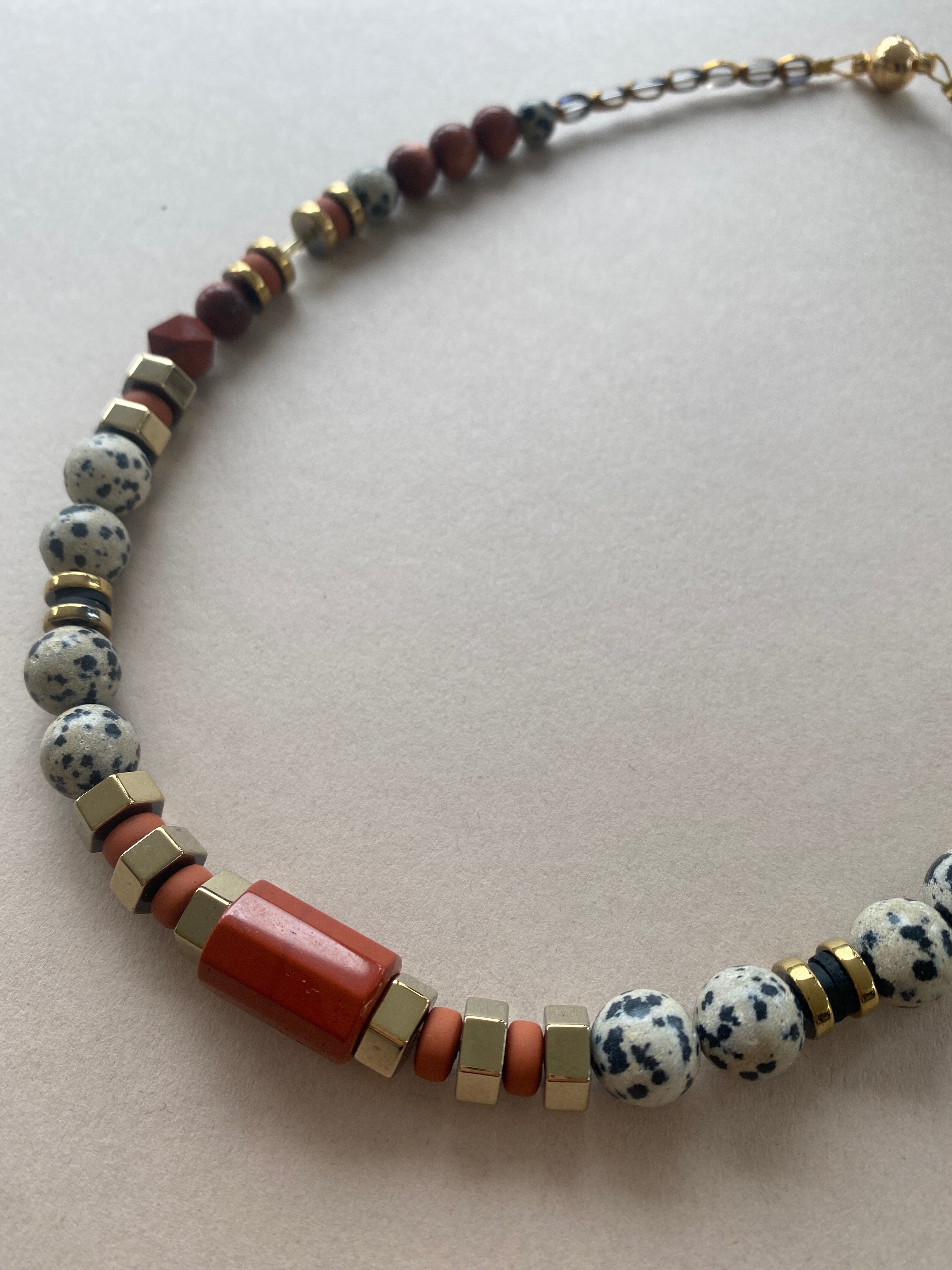 BDL02 - Dalmatian Jasper & Sandstone barrel necklace