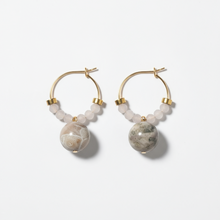 CSTE07 - Natural Fossil Coral & frosted glass Crystal Hoops - Grey, Tan