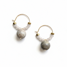 CSTE07 - Natural Fossil Coral & frosted glass Crystal Hoops - Grey, Tan