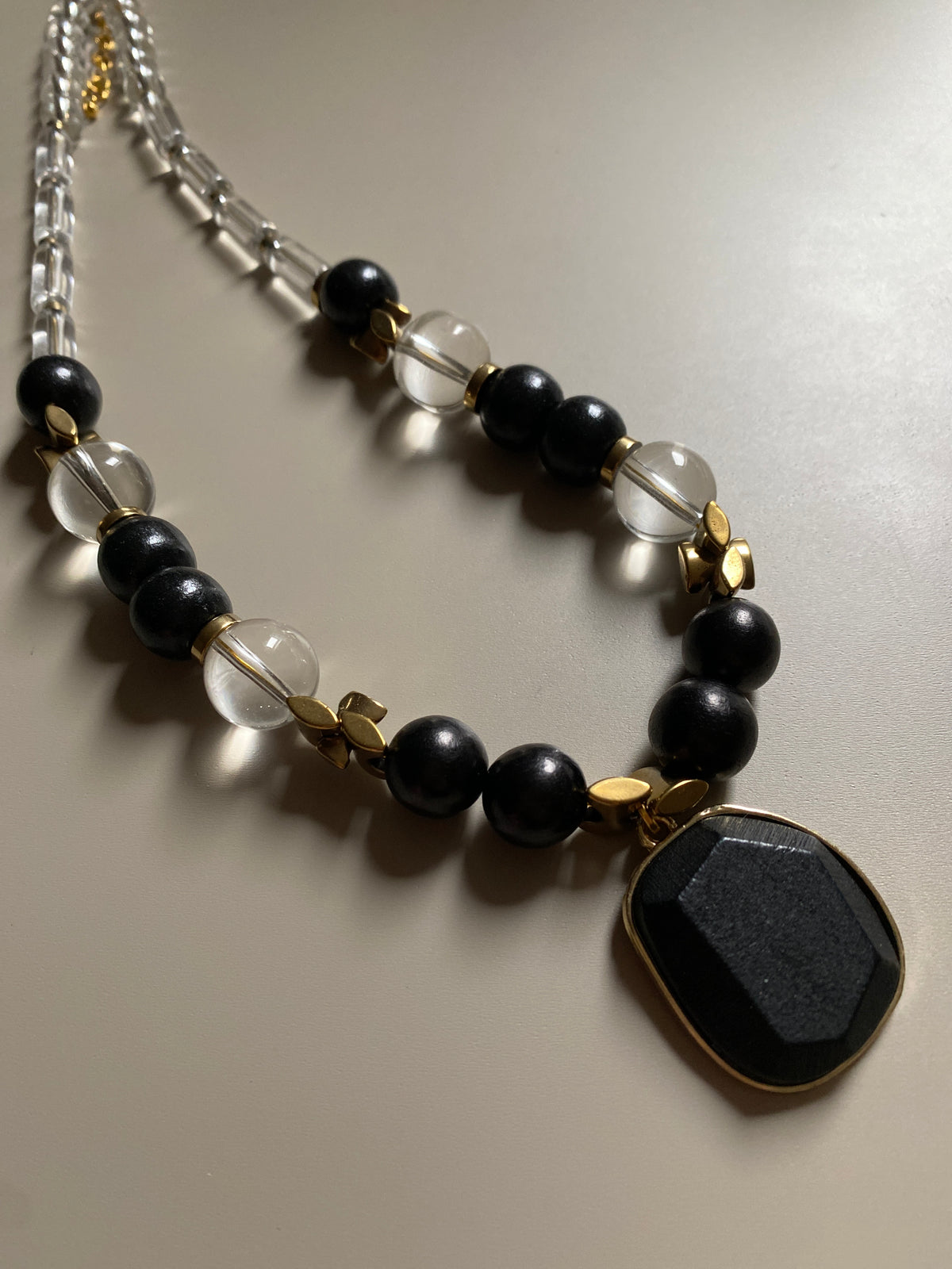 FRT16 -  Glass Necklace with black painted wood, teamed with Hematite details.