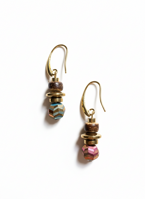 FRTE10 - 18k Gold Plated, brass earring hooks with Coconut, Gold plated hematite, & crystal drops