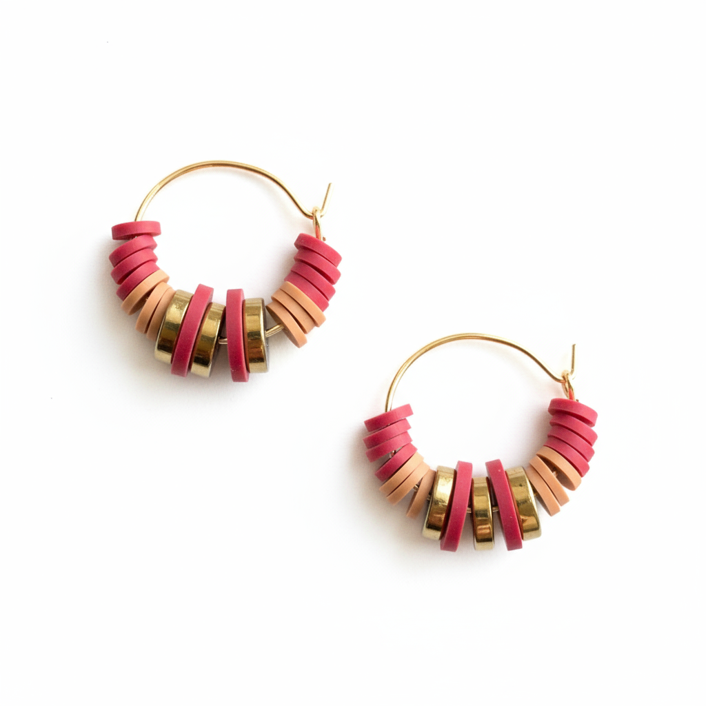CSTE05 - Vinyl & Hematite Hoop Earrings - Red, Gold, Tan