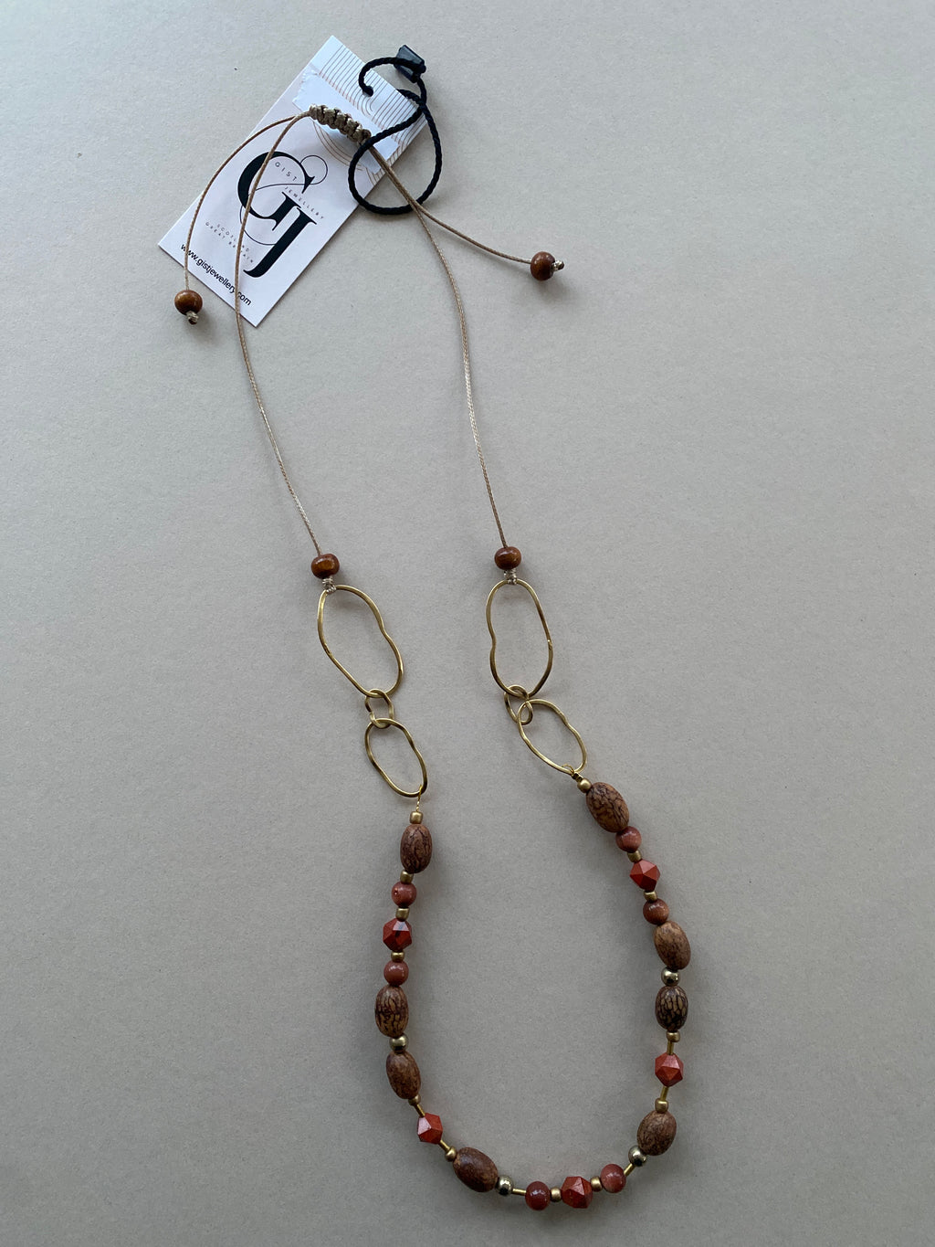 BDL01 - Red Jasper & Burlywood Mala beads adjustable cord necklace