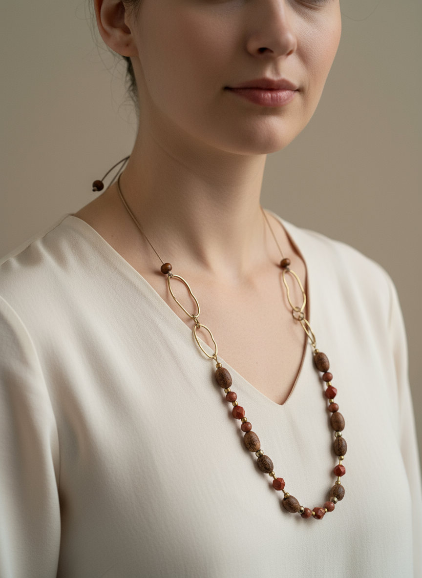 BDL01 - Red Jasper & Burlywood Mala beads adjustable cord necklace