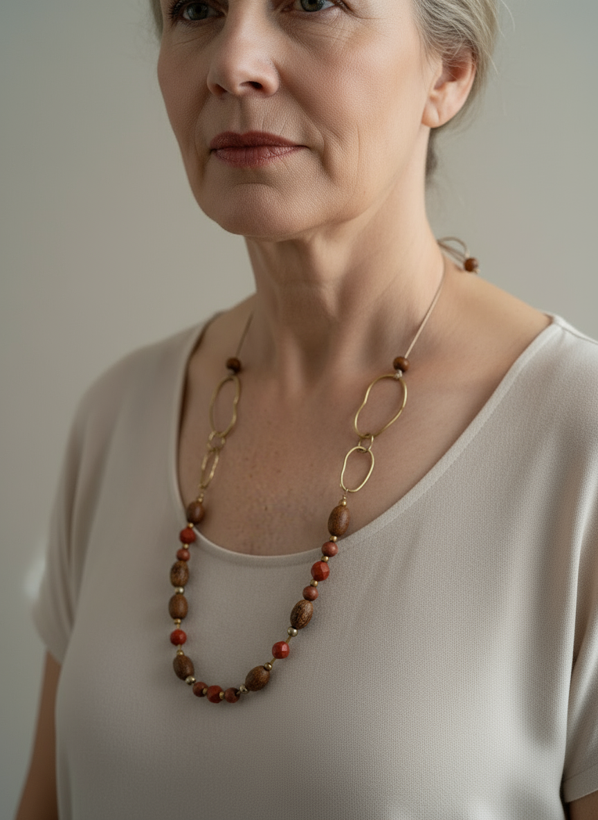 BDL01 - Red Jasper & Burlywood Mala beads adjustable cord necklace