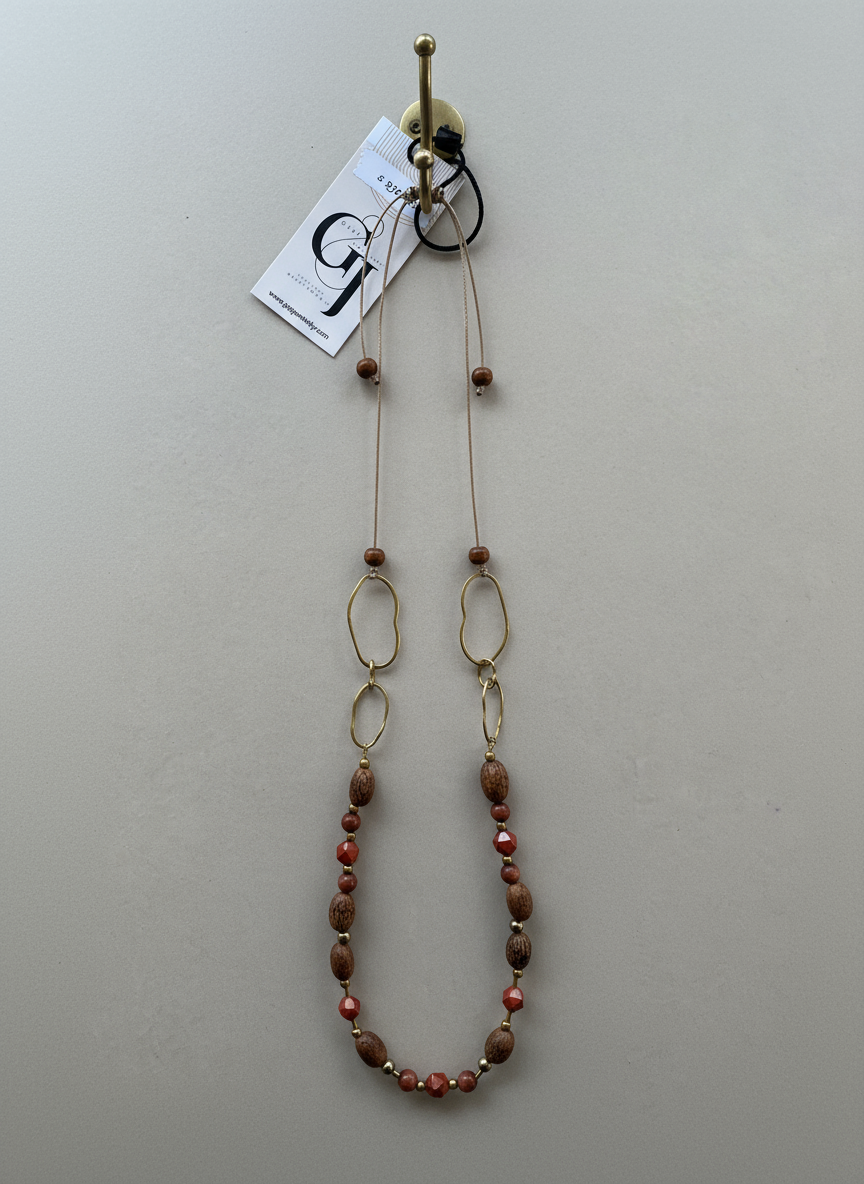 BDL01 - Red Jasper & Burlywood Mala beads adjustable cord necklace