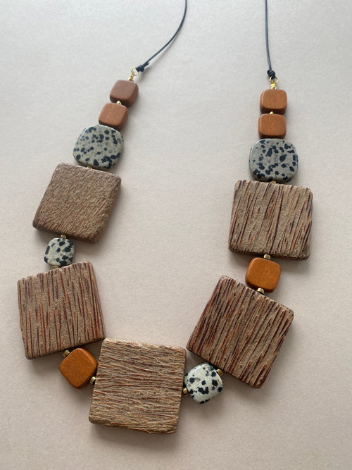 BDL03 - Dalmatian Jasper and Wood adjustable long Necklace