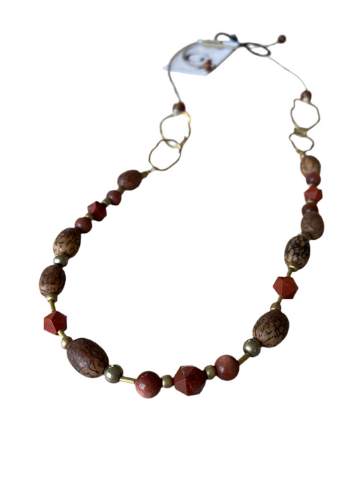 BDL01 - Red Jasper & Burlywood Mala beads adjustable cord necklace
