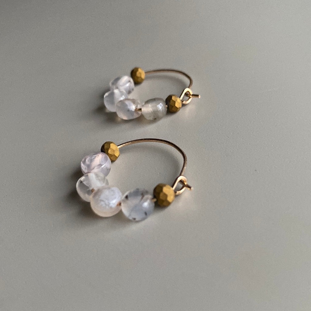 CSTE13 - Natural Agate hoop earrings - Bronze, Milky white