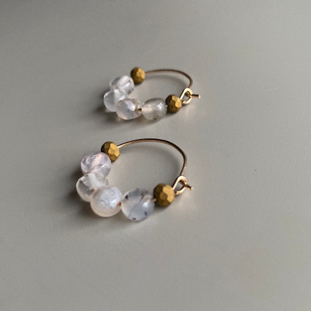 CSTE13 - Natural Agate hoop earrings - Bronze, Milky white