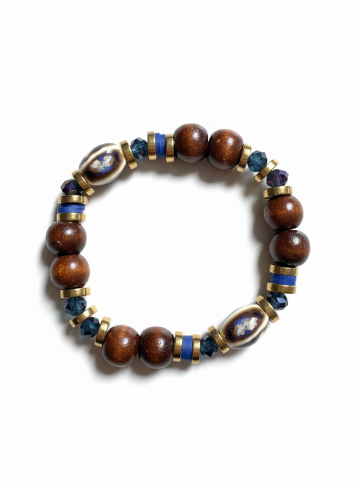 FRTB02 - Porcelain, dyed wood, clay and Hematite elastic bracelet