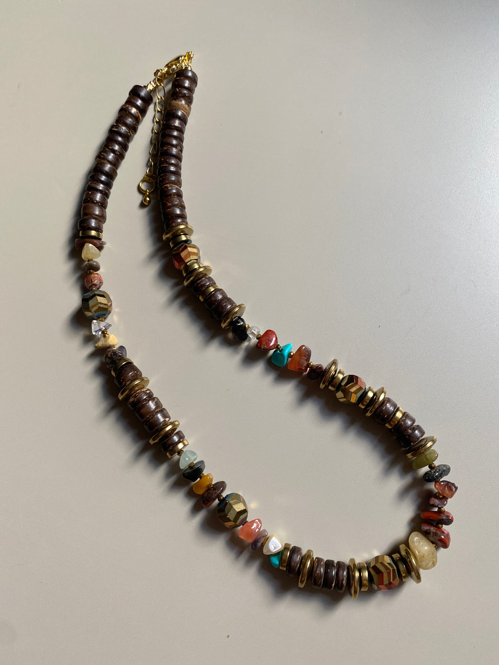 FRT08 - Coconut, Gold plated hematite, semi precious stone chips and crystal details make this 18" necklace