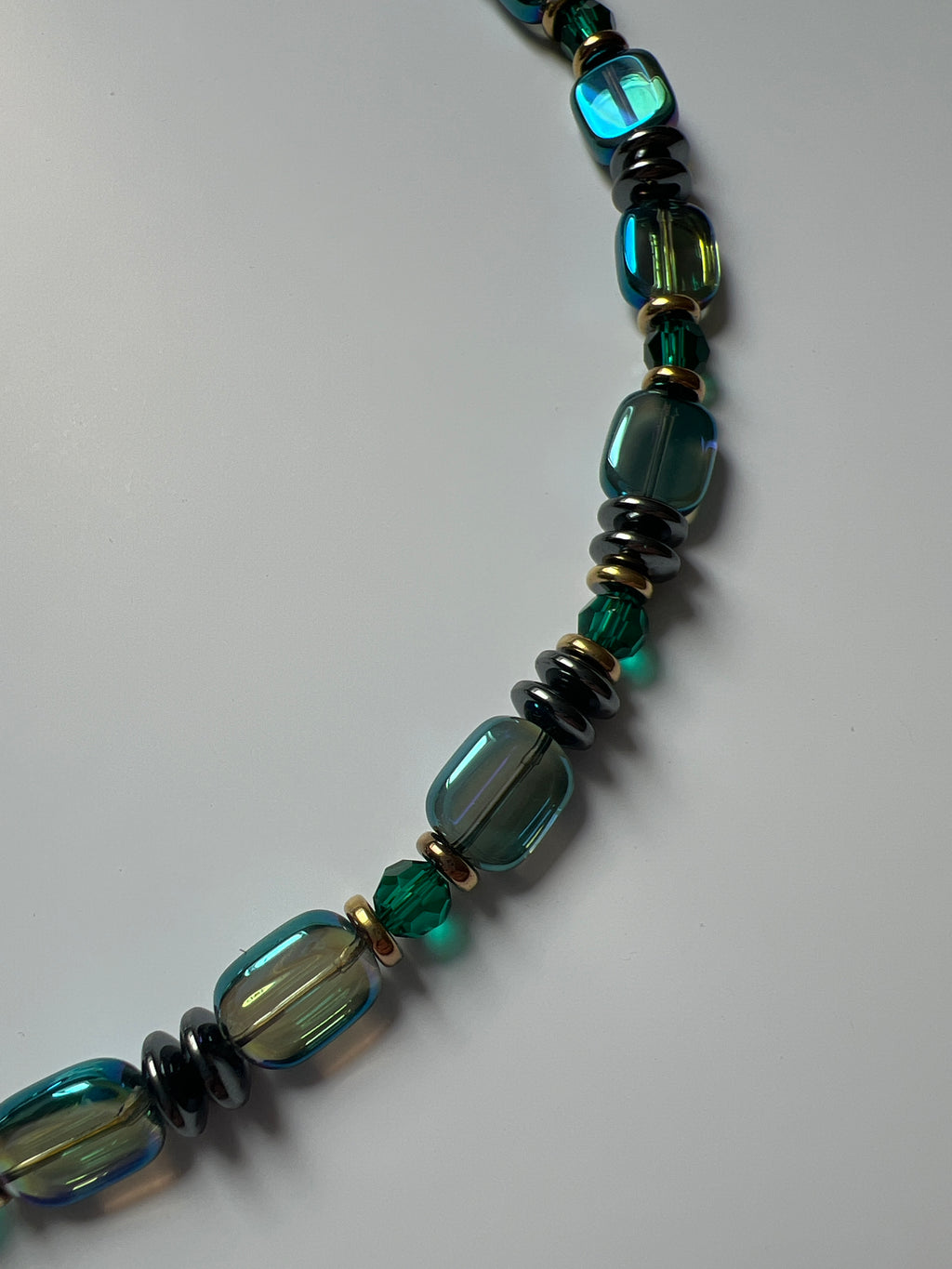 EOR15 - Hematite, Glass & crystal necklace in Sea Foam