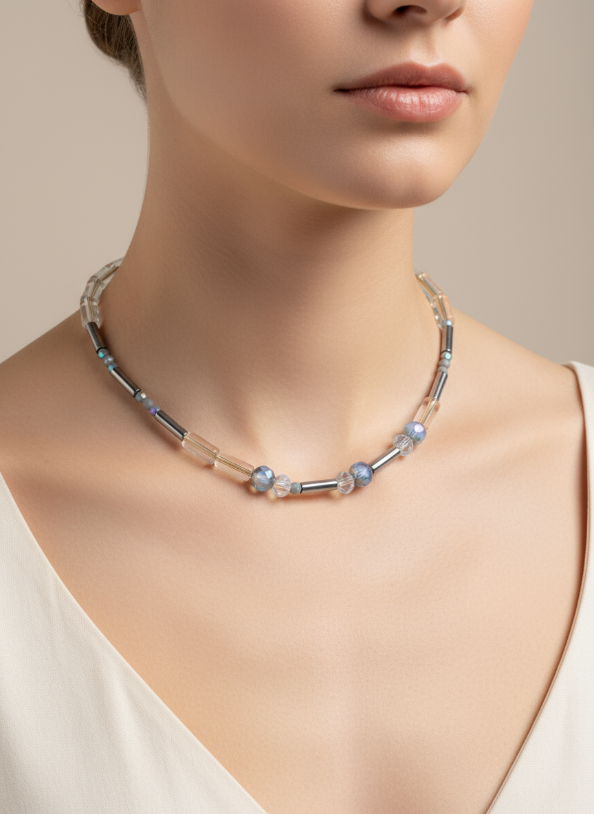 FRT01 - Hematite, Glass and Crystal 18" necklace