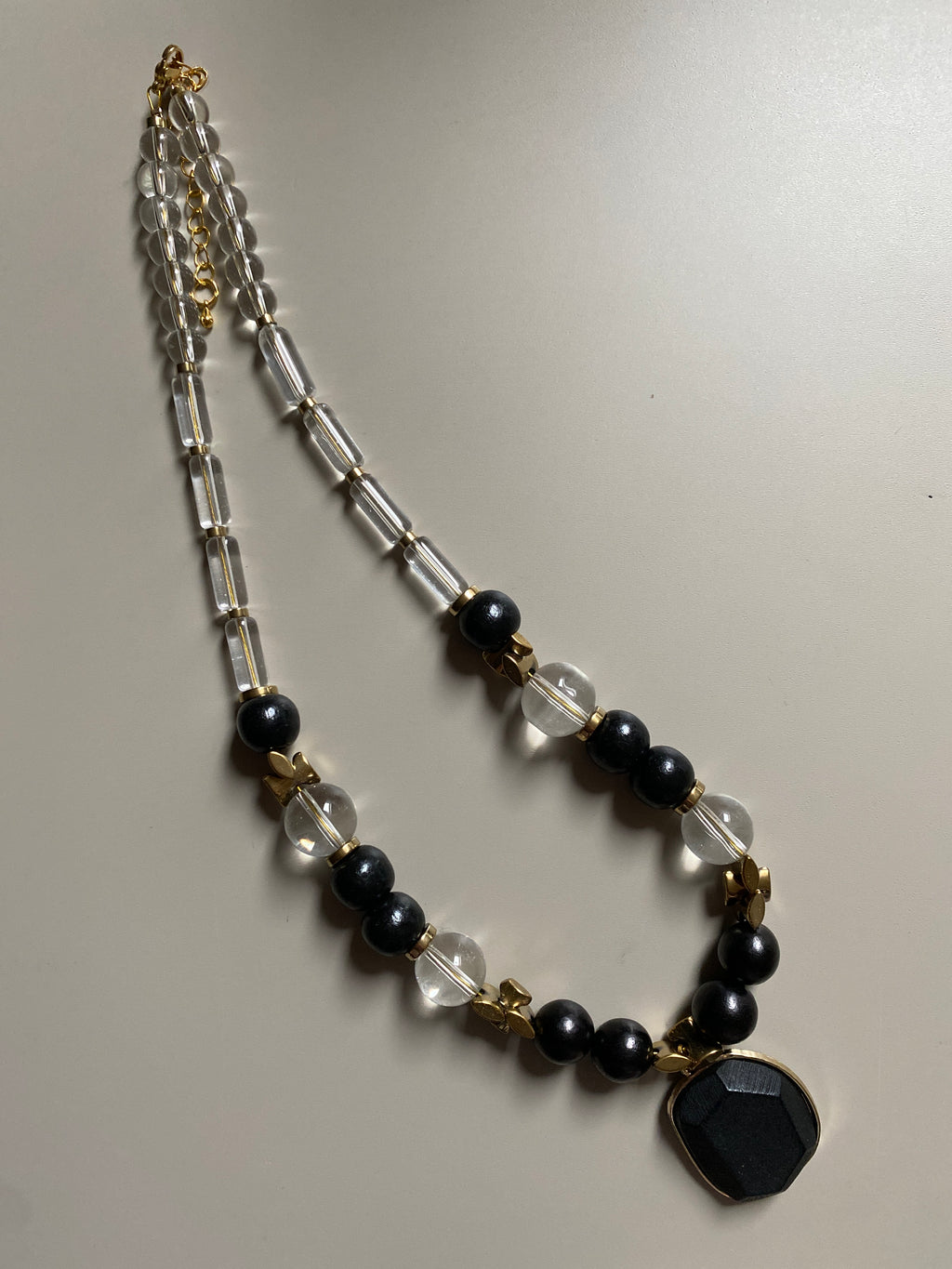 FRT16 -  Glass Necklace with black painted wood, teamed with Hematite details.