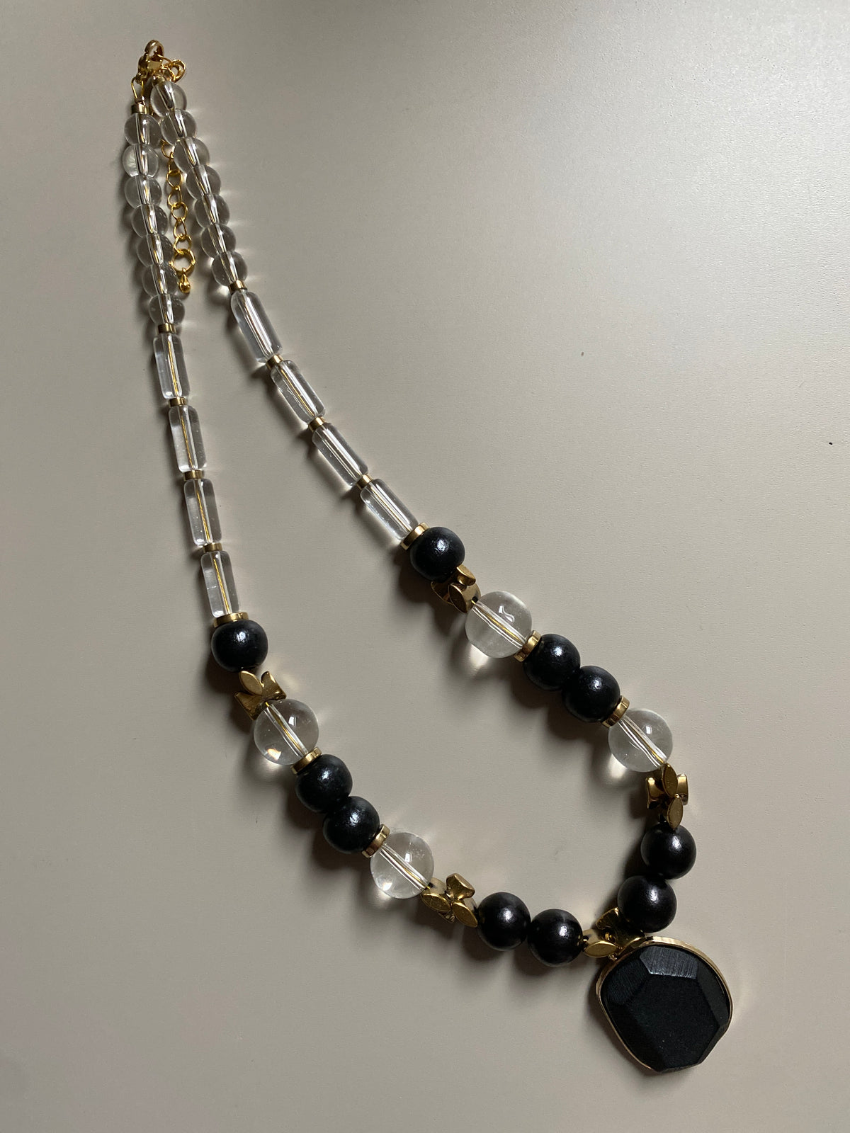 FRT16 -  Glass Necklace with black painted wood, teamed with Hematite details.
