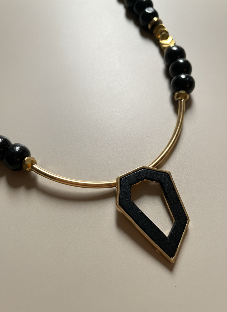 FRT10 - Seed bead, painted wood, crystal, gold plated bars and Hematite necklace