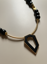 FRT10 - Seed bead, painted wood, crystal, gold plated bars and Hematite necklace