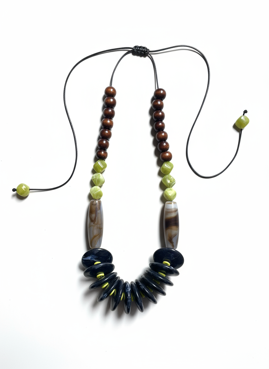 FRT06 - Fully adjustable necklace, wood, acrylic and clay