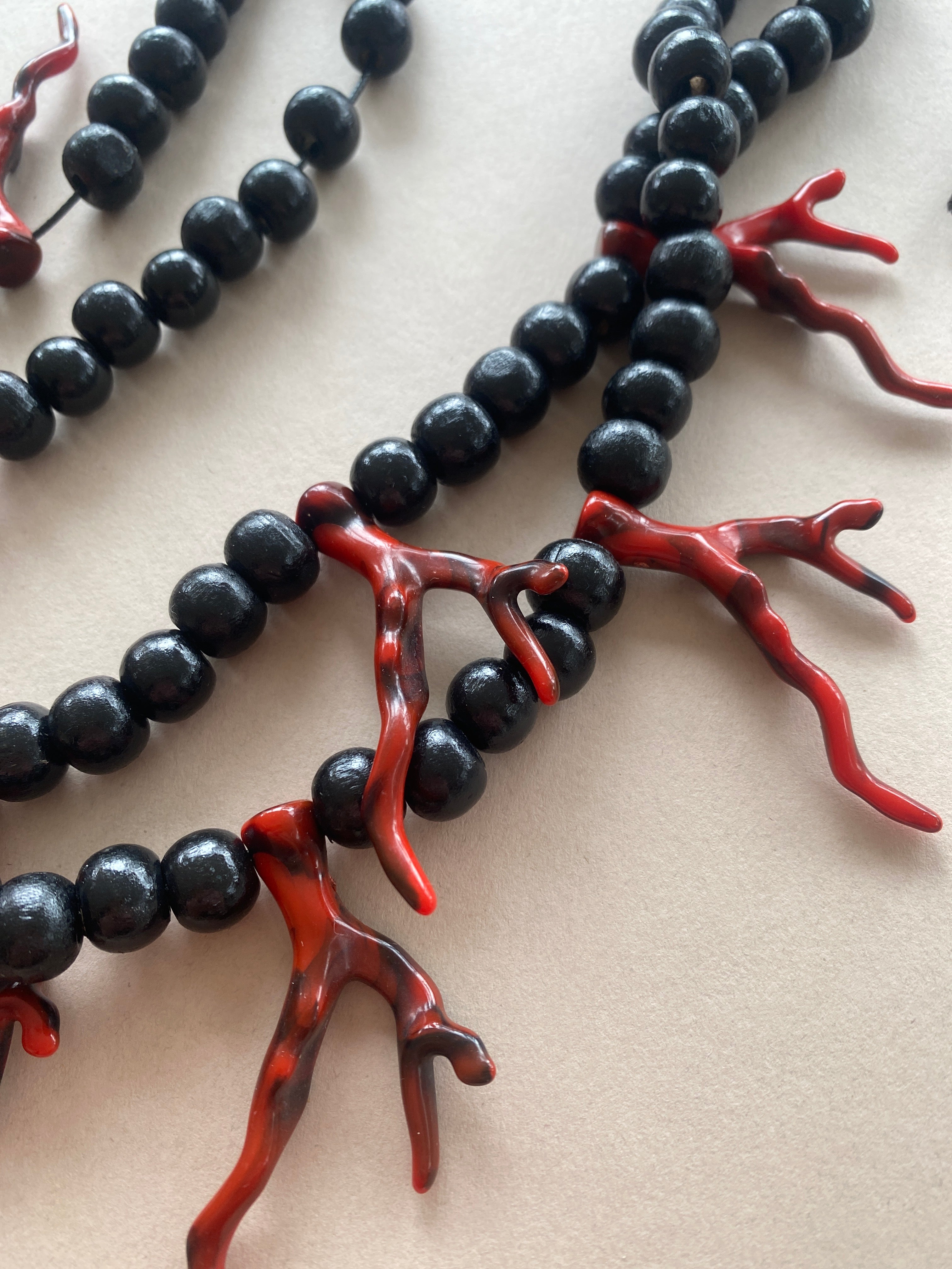 BDL12 - Adjustable red coral Resin and black wood double necklace