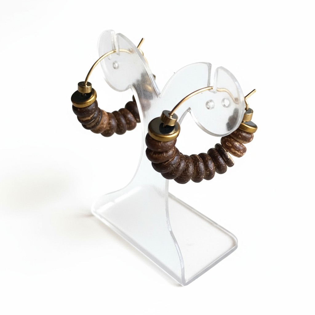 CSTE04 - Hematite & Coconut hoop earrings - Brown, wood