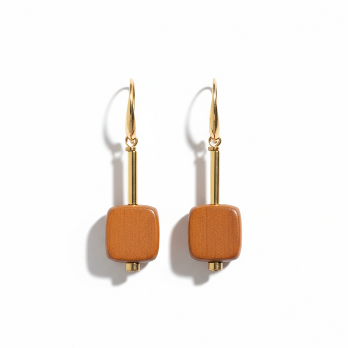 CSTE06 - Retro wood drop earrings - Gold, Orange