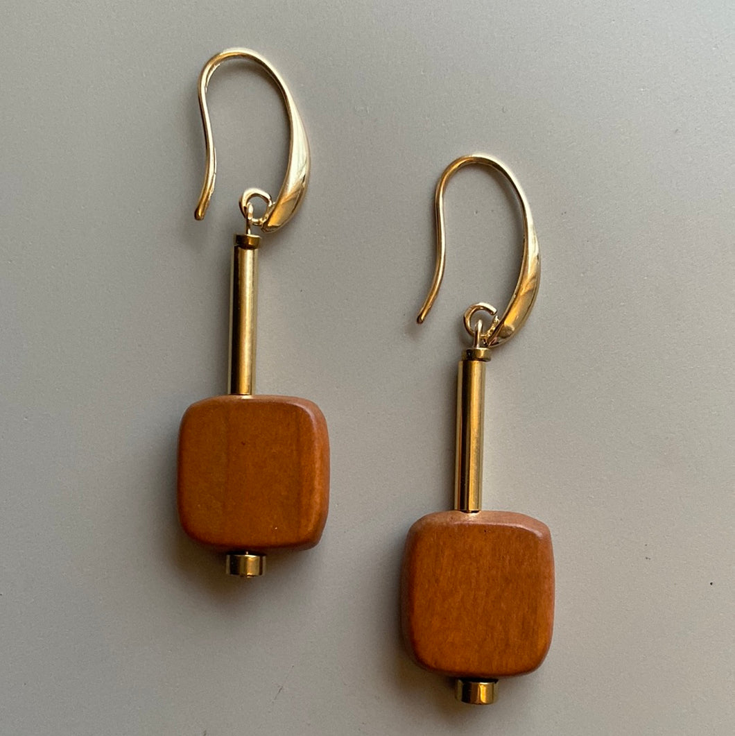 CSTE06 - Retro wood drop earrings - Gold, Orange