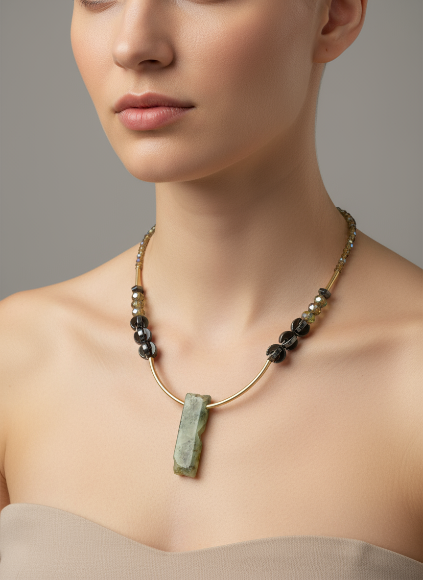 HIL04 - Green yellow natural Prehnite and black necklace