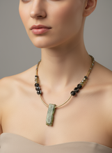 HIL04 - Green yellow natural Prehnite and black necklace