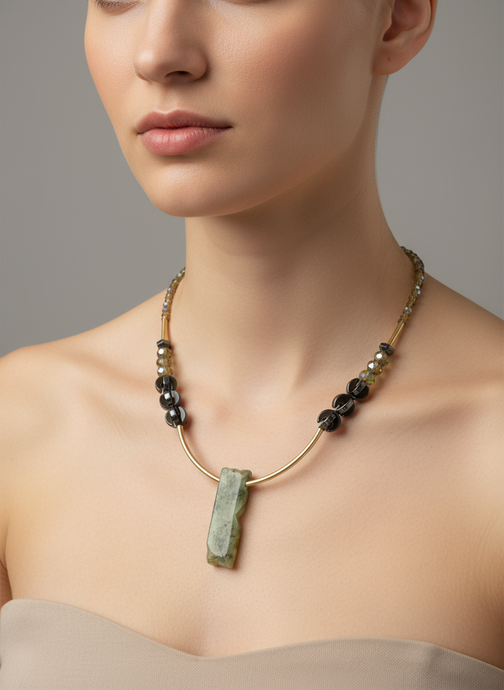 HIL04 - Green yellow natural Prehnite and black necklace