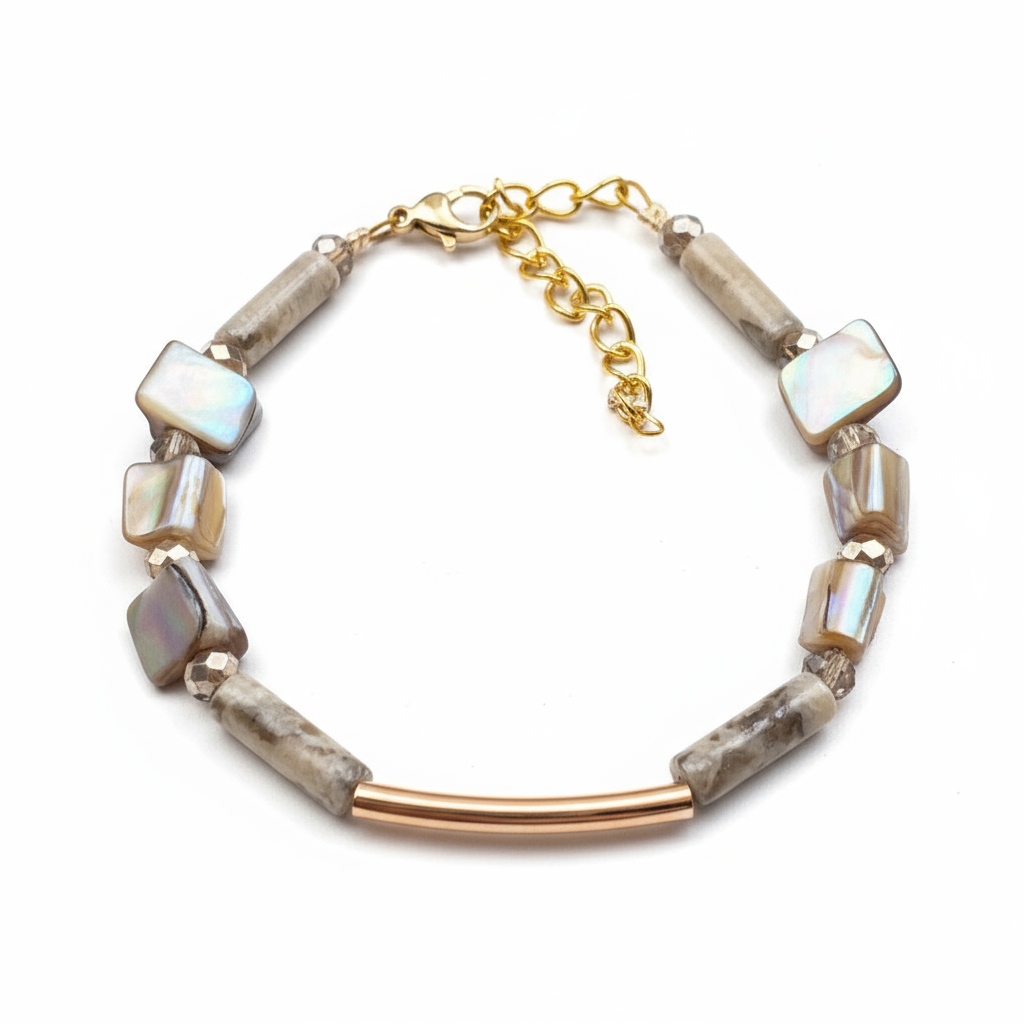 CSTB04 - Shell and Gemstone column bracelet - Cream, Pearl