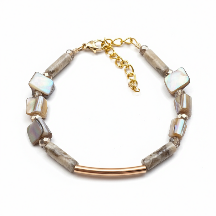 CSTB04 - Shell and Gemstone column bracelet - Cream, Pearl