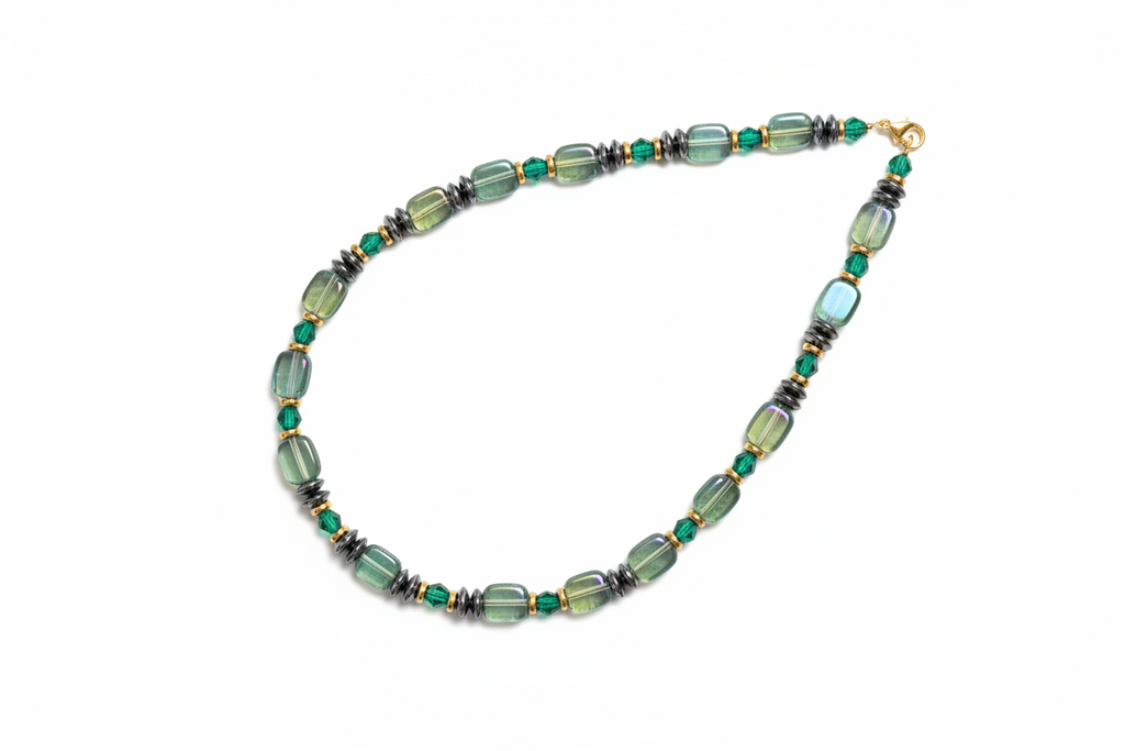 EOR15 - Hematite, Glass & crystal necklace in Sea Foam